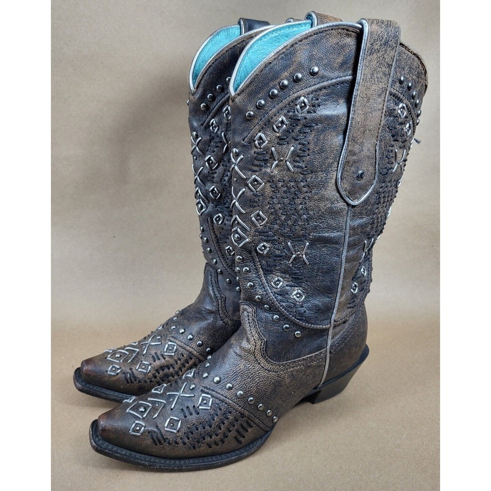 Corral Vintage Sz 7.5 M Studded Embroidered Cowgirl Boots Burnished Marble Brown